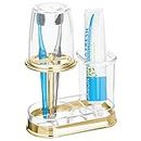 mDesign Plastic Toothpaste and Toothbrush Holder Center with Cup/Cover - Organizer for Bathroom Vanity Countertop - Holds Paste, Floss, Accessories - Hyde Collection - Clear/Soft Brass