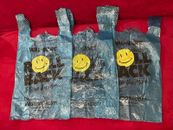 3 Ct 2001 Vintage Blue Plastic Walmart Shopping Store Bag Roll Back Smiley Face