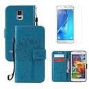 for Samsung Galaxy S5 / S5 Neo Wallet Case with Screen Protector,OYIME [Blue Cute Cat and Butterfly Tree] Design Leather Kickstand Magnetic Holster with Card Holder Full Body Protective Flip Cover