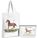 Sieral 2 Pcs Horses Makeup Bag Horses Tote Bag Horse Cosmetic Bags Portable Makeup Zipper Pouch and Canvas Tote Bag Reusable Horse Lover Gift for Girl Women Travel Funny Shopping, White