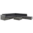 vidaXL Poly Rattan 8-Piece Outdoor Lounge Set - Grey Garden Patio Sofas with Cushions, Ottoman, and Glass Tabletop