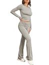 Famulily Womens 2 Piece Outfits Long Sleeve Y2K Lounge Sets Two-Piece Yoga Tracksuits Slim Suit Grey M