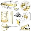 Famassi Gold Desk Accessories，Office Supplies Set Acrylic Stapler Set Staple Remover, Tape/Pen Holder, 2 Ballpoint Pen, Scissor, Binder/Paper Clips and 1000pcs Staples.