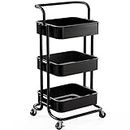 3 Tier Mesh Utility Cart, Rolling Metal Organization Cart with Handle and Lockable Wheels, Multifunctional Storage Shelves for Kitchen Living Room Office by Pipishell, Black