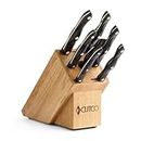 CUTCO Model 2007 Galley Set w/Honey Oak Block. 6 High Carbon Stainless knives & one fork w/Classic Dark Brown handles (often called"Black"). Come in factory-sealed plastic bags