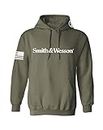 Smith & Wesson Officially Licensed Men's Long Sleeve Solid Graphic Hoodie with American Flag and S&W Logo Pullover Sweatshirt, Military Green, Large