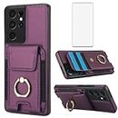 Asuwish Phone Case for Samsung Galaxy S21 Ultra 5G with Tempered Glass Screen Protector Wallet Cover and Slim Ring Card Holder Leather Cell Accessories S21ultra 21S S 21 21ultra G5 Women Men Purple