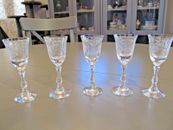 5 FOSTORIA CRYSTAL NAVARRE 3 7/8" CORDIAL GLASSES CLEAR ETCH OPTIC 1936-1982