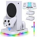 Cooling Fan Stand & RGB Light Strip for Xbox Series S,Dual Charger Station with 2X1400mAH Rechargeable Battery Pack,Charging Dock Accessories for XSS with 15 RGB Light Modes,USB2.0 Port for Sync,White