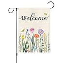 Louise Maelys Welcome Spring Summer Floral Garden Flag 12x18 Double Sided, Burlap Small Vertical Bee Spring Garden Yard Flags for Outside Outdoor House Seasonal Decoration (ONLY FLAG)