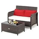 Costway 2-Piece Outdoor Patio Wicker Furniture Set, Patio Loveseat and Coffee Table Lounge Dining Set with Cushions, Outdoor Conversation Set for Porch, Balcony and Backyard