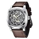 Benyar Automatic Watches for Men | Skeleton Mechanical Leather Strap Mens Watch | 45mm Dial | 30M Waterproof | Men's Stylish Gift, gray 1, Mechanical,Automatic Watch
