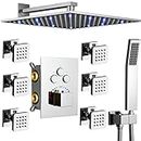 Thermostatic 12 Inch LED Rain Mixer Shower Faucet System With Shut-off Body Spray Jets Bathroom Luxury Shower Combo Complete Set Can Run at A Time Wall Mounted Chrome GaZjU