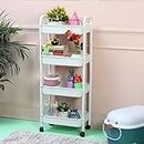 The Tickle Toe 4 Layer Plastic Kitchen Storage Trolley Rack with Wheels, Rolling Cart Shelves Space Saving Home, Office, Bathroom, Bedroom Storage Organizer Rack, White 42L x 27.5W x 103H cm