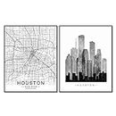 Houston Skyline, Houston Wall Art, Houston Street Map, Watercolor Skyline Print, Building Wall Decor, Office Wall Art, Houston Map Print, Set of 2 Prints, 11X14 Inch Unframed