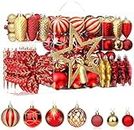 SHareconn 106pcs Christmas Baubles Ornaments Set,Shatterproof Plastic Decorative Baubles for christmas tree decorations, Holiday Wedding Party Decoration with Hooks Included,Red & Gold