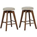 COSTWAY Bar Stools Set of 2, 26-inch Counter Height Swivel Bar Chairs w/Rubber Wood Legs, Linen Fabric Seat & Extra Footrest, Modern Backless Barstools for Kitchen, Pub, Dining, Beige + Brown