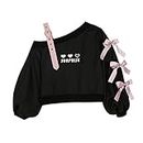 Cuteighteen Off Shoulder Sweatshirts Teen Girls Lolita Kawaii Embroidered Heart Graphic Lace Up Crop Top Casual Pullover (L, Black) White CEH154545480 0