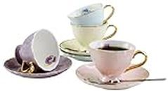 Ybk Tech Tasse à espresso et soucoupe Lot de 4 Porcelaine anglaise à thé en porcelaine Tasse à café (4 couleurs assorties/Lot), 4 Assorted Color/Set, 90ml