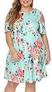 HBEYYTO Plus Size Floral Dress for Women Plus Size 2X Cold Shoulder Short Sleeve Casual Loose Fit Beach Dresses with Pockets (2X Plus, Y Green)