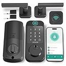 Keyless Entry Door Lock Handleset - SMONET WiFi Fingerprint Smart Locks for Front Door, App Remote Control, Digital Bluetooth Keypad Deadbolt Lock Set with Alexa, Auto Lock, Code, Fobs for Home Black