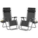 Yaheetech Zero Gravity Recliners Outdoor Adjustable Folding Reclining Lounge Chairs w/Pillows, Cup Holder Trays and Carry Strap for Patio Backyard Beach Black Set of 2
