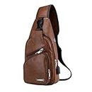 Generic Men's Leather Sling Bag Multipurpose Daypack Shoulder Chest Crossbody Bag Black with USB Charging Port for Hiking Travel #Clearance