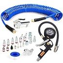 FYPower 22 Pieces Air Compressor Accessories kit, 1/4 inch x 25 ft Recoil Poly Air Compressor Hose Kit, 1/4" NPT Quick Connect Air Fittings, Tire Inflator Gauge, Heavy Duty Blow Gun, Swivel Plugs