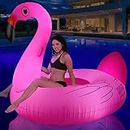 Ksheat Big Flamingo Pool Floats with Solar Lights, Inflatable Pool Floaties for Adults Ride-On with Cup Holder, Beach Lake Floating Lounger Raft Party Decorations Water Fun for Adults, Fast Valves