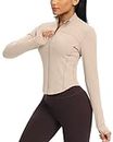 QUEENIEKE Workout Jacket for Women Lightweight Full-Zip BBL Yoga Running Athletic Jacket With Thumb Holes (Almond, M)