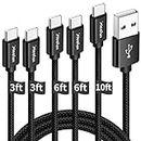 CLEEFUN Type C Cable Fast Charge, 【5-Pack, 3/3/6/6/10 ft】 C Type Charger Cable Fast Charging Cords for Samsung Galaxy S24 S23 S22 S21 S20 FE Ultra S10, Pixel, Moto, PS5 and Other Type C Charger