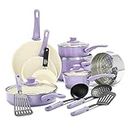 GreenLife Soft Grip Healthy Ceramic Nonstick 16 Piece Kitchen Cookware Pots and Frying Sauce Saute Pans Set, PFAS-Free with Kitchen Utensils and Lid, Dishwasher Safe, Lavender