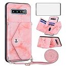 Phone Case for Samsung Galaxy S10 Plus Wallet Cover with Screen Protector and Crossbody Strap Marble Credit Card Holder Stand Cell Glaxay S10+ Galaxies S10plus 10S Edge S 10 10plus Cases Women Pink
