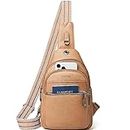 LATMAP Sling Bag For Women Faux Leather Anti Theft Small Casual Daypack Backpack Fanny Pack Crossbody Chest Bags Purse For Women, Tan, Small, Casual
