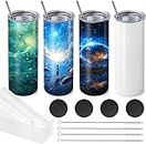MSYU 4 Pack Sublimation Tumblers 20 oz Bulk Blank Tumblers Skinny Straight Flat Bottom Cups White with Lid and Straw