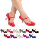 NEW WOMENS LADIES STRAP MID HEEL CASUAL SMART WORK PUMP COURT SHOES SIZE 3-8
