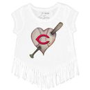 Girls Youth Tiny Turnip White Cincinnati Reds Heart Bat Fringe T-Shirt