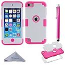 Case for iPod Touch 7, for iPod Touch 6, for iPod Touch 5, Wisdompro 3 in 1 Hybrid Soft Silicone and Hard PC Protective Cover for Apple iPod Touch 5th, 6th and 7th Generation - Hotpink and White
