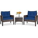 Tangkula 3 Piece Outdoor Patio Furniture Set, Wicker Chairs Set with Glass Top Coffee Table, Thick Cushions, All Weather Garden Lawn Poolside Backyard Porch Furniture Set for 2 (Blue)