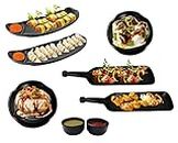 Home Decorise Melamine French Fries, Momos Serving Platter with 2 Bhalla Plate and 2 Dip Bowls Unbreakable Serving Dessert and Snacks Platter/Tray (Matt Black, Combo Pack of 8)