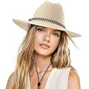 LADYBRO Womens Panama Hat Wide Brim Fedora Hat Women Men Straw Sunhat Chinstrap Foldable Beige