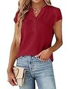 Blooming Jelly Women's Dressy Casual Tops Business Work Blouses Button Down V Neck Shirts 2024 Summer Cute Cap Sleeve Tshirt (Red,X-Large)