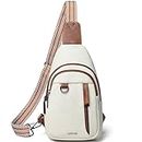 LATMAP Sling Bag for Women Men Leather Small Sling Backpack Daypack Anti Theft Fanny Pack Crossbody Purse Travel, Beige, Minimalist