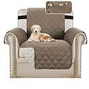 Smarcute Waterproof Sofa Cover Chair Protectors Cover for Living Room Non Slip Furniture Cover for Dogs/Pets, Checked Pattern Thick Quilted, Non Slip Strap (1 Seater - Reversible Taupe/Beige)