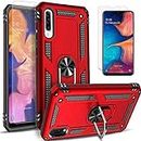 STARSHOP Samsung Galaxy A50 Phone Case, with [Tempered Glass Screen Protector Included], Military Grade Shockproof Drop Protection Phone Cover with Metal Ring Kickstand - Scarlet