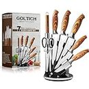 GOLTICH 7 PCs Kitchen Knife Set with Block and Sharpener - Ultra Sharp Stainless Steel Kitchen Knives with Acrylic 360 Degree Rotating Stand - Premium Quality Professional Knife Block Set with Knives