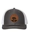 Heritage Pride Men's Bison Footprint Wildlife Laser Engraved Circle Leather Patch Mesh Back Trucker Hat, Charcoal/White