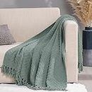 RECYCO Knit Chenille Throw Blanket, Textured Knitted Throw Blankets w/Tassels, Decorative Warm Soft Woven Throw for Couch Bed, Sage Green, 60x80 in