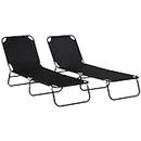 Outsunny Folding Outdoor Lounge Chair Set of 2, Steel Poolside Sun Tanning Chairs with 5 Level Reclining Back and Breathable Mesh for Beach, Yard, Patio, Black