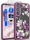 Dretal for Samsung Galaxy S22 5G Case Floral, Military Grade Drop Tested Hard Back & Soft Edge Slim Flower Women Girls Phone Protective Cover + Tempered Glass Screen Protector for Galaxy S22 (Purple)